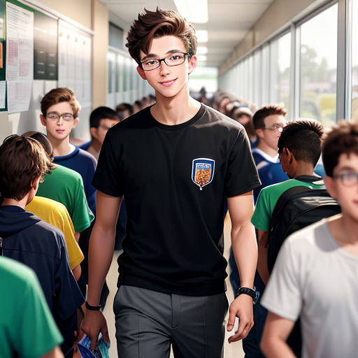 a man in a black shirt and glasses walking through a hallway with other people in the background and a sign on the wall