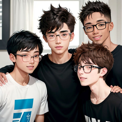 a group of young men standing next to each other in front of a window with a window sill