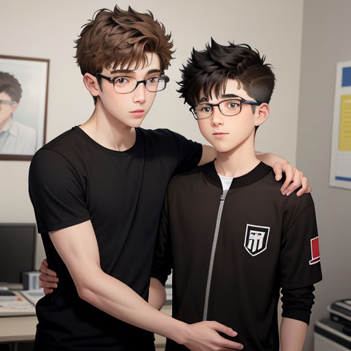 two young men standing next to each other in an office setting with a computer desk and computer monitor in the background