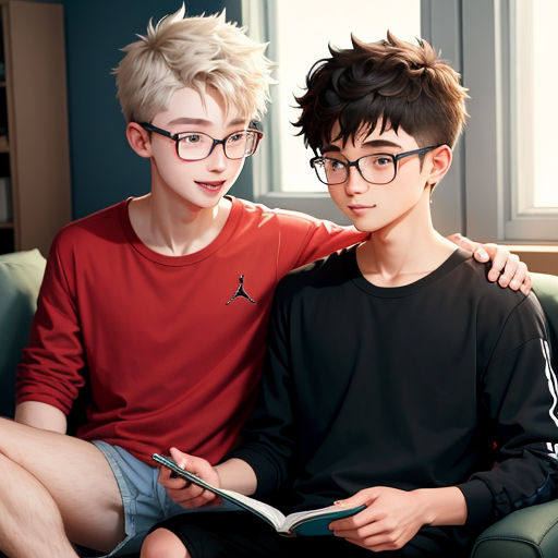 two boys sitting on a couch with a book in their hands and one boy with glasses on his head