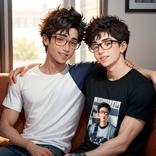 two young men sitting on a couch next to each other, one with glasses on his head and the other with a picture of himself