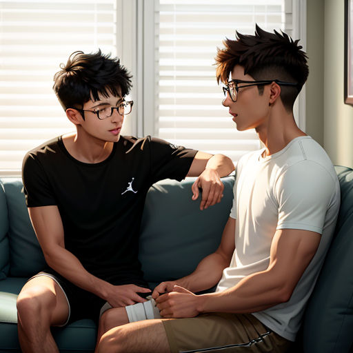 two young men sitting on a couch talking to each other, one of them is holding a remote control