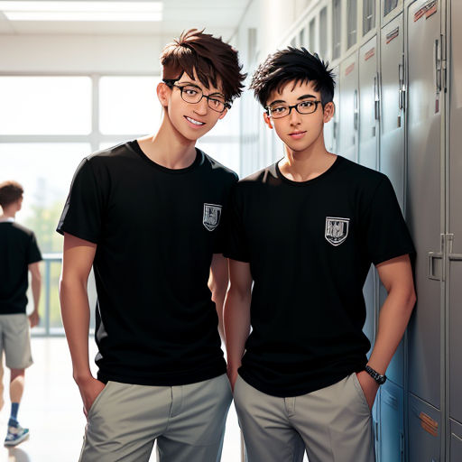 two boys standing next to each other in a hallway with lockers in the background and one boy wearing glasses
