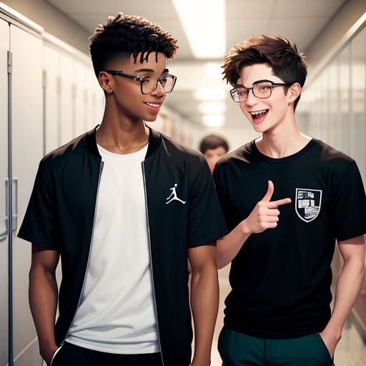 two young men standing next to each other in a hallway with lockers behind them and pointing at the camera