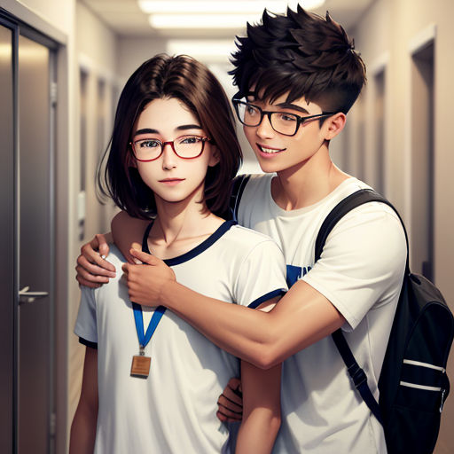 a couple of people standing next to each other in a hallway with a backpack on their shoulders and a medal around their neck