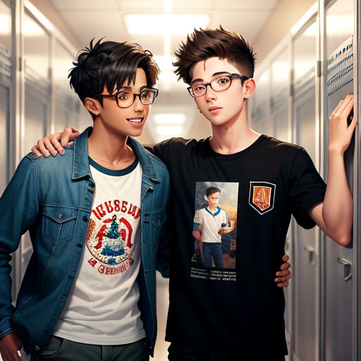 two young men standing next to each other in a hallway with lockers behind them and a poster of harry potter on the wall