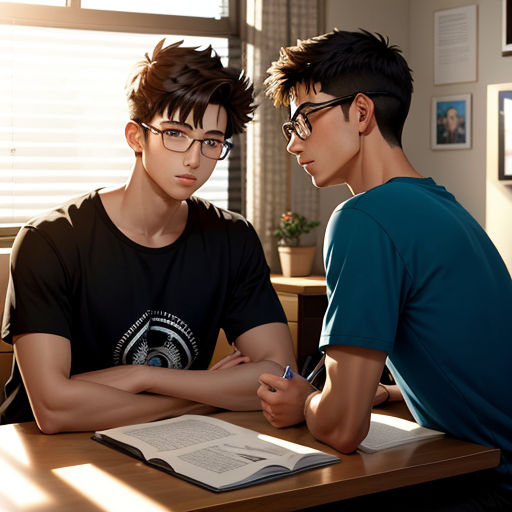 two young men sitting at a table with a book and pen in their hands, looking at each other