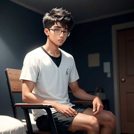 a man sitting on a chair in a room with a door and a bed in the background and a light on