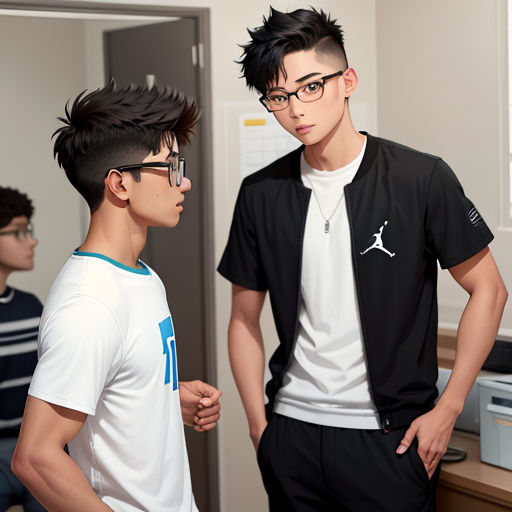 two young men standing next to each other in a room with a computer desk and a computer monitor on the wall