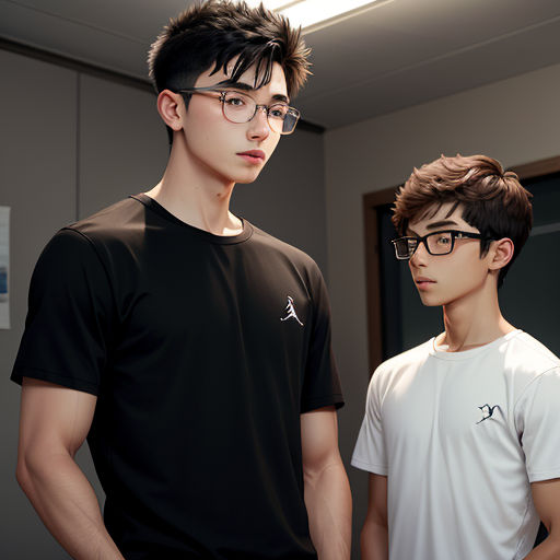 two young men standing next to each other in a room with a mirror on the wall and a light on