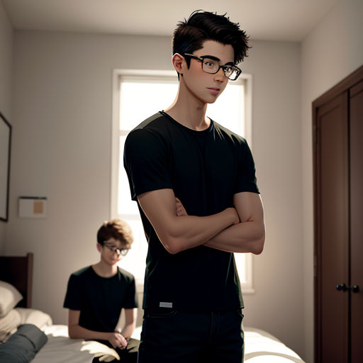 a man standing in a bedroom next to a bed with a person sitting on a bed in the background
