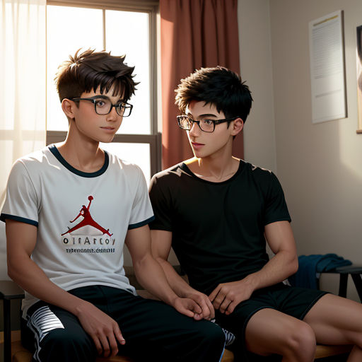 two young men sitting on a bed in a room with a window and curtains behind them, one of them wearing glasses