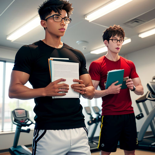 two young men are in a gym with a tablet and a book in their hands and a clipboard in their hand