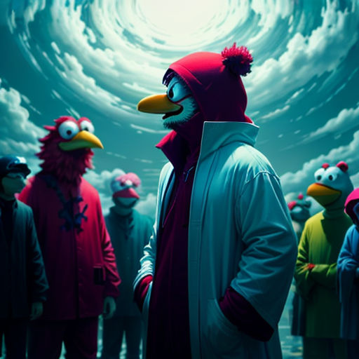 a man in a red hat standing in front of a group of people in colorful outfits and a bird mask