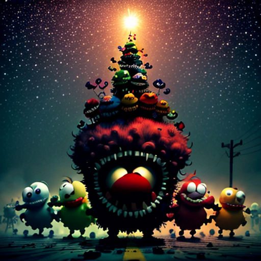 a group of cartoon characters standing in front of a christmas tree with a star in the background and a sky filled with stars