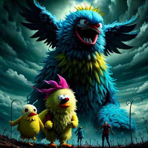 a group of cartoon characters standing in front of a dark sky with clouds and a monster like creature with two smaller monsters