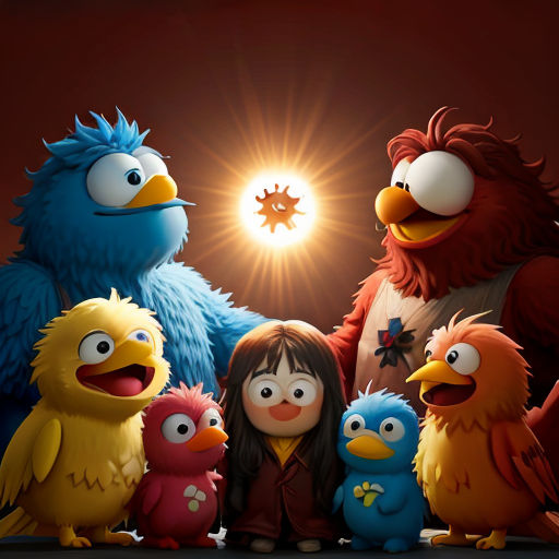 a group of sesame characters standing next to each other in front of a bright light with a star on it