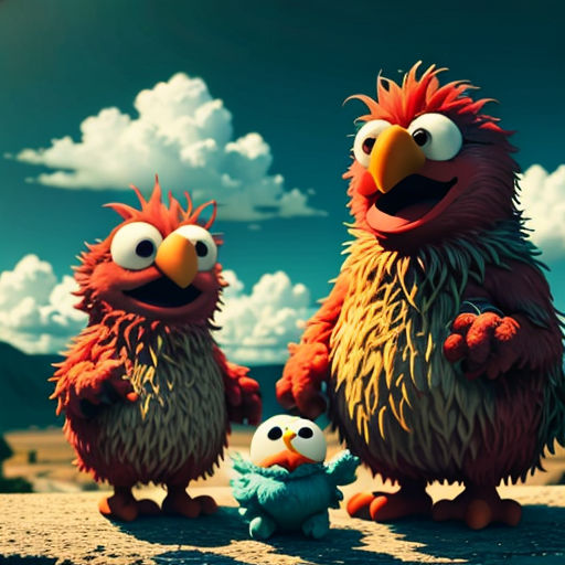 a group of cartoon characters standing next to each other on a field with clouds in the background and a blue sky