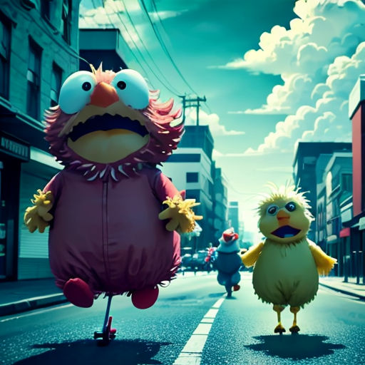 a group of cartoon characters walking down a street together in the street with buildings in the background and a cloudy sky