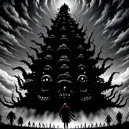 a painting of a person standing in front of a giant tree with many eyes on it's face