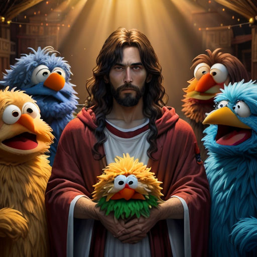 a man standing between five sesame characters in a room with lights on and a bird on his chest and a bird on his hand