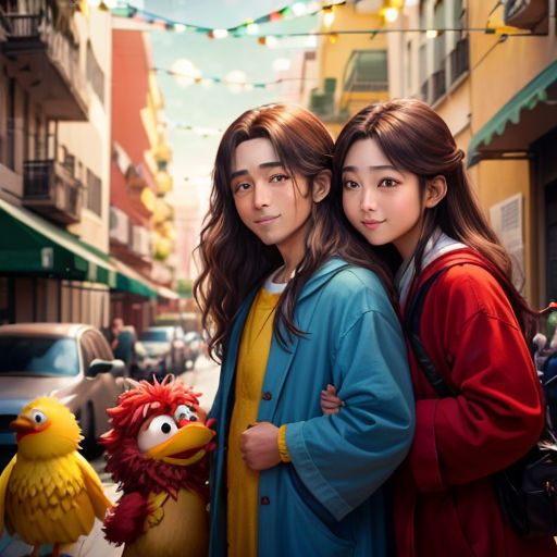 two girls standing next to each other in front of a street with a chicken and a chicken on the sidewalk