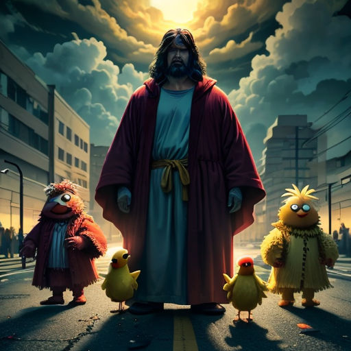 a man standing in the middle of a street with chickens and a man in a robe behind him with a cross