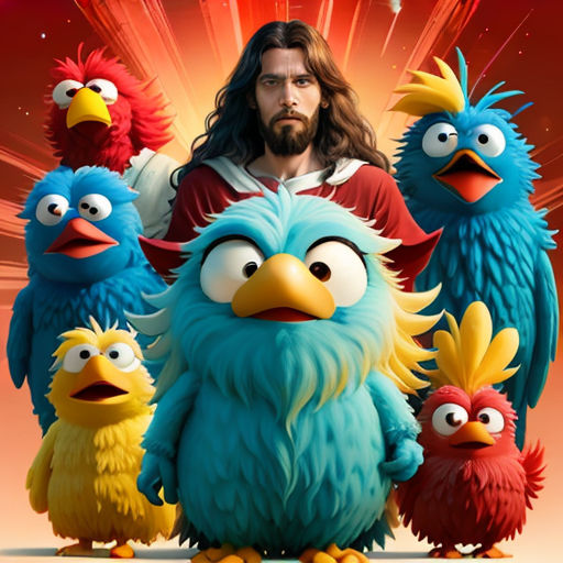 a man standing in front of a group of angry birds with a beard and long hair, wearing a red shirt