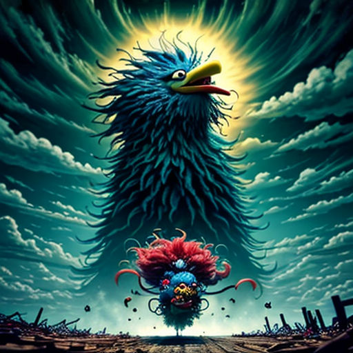 a painting of a bird with a red head and a blue body of water in the background, with a sky full of clouds