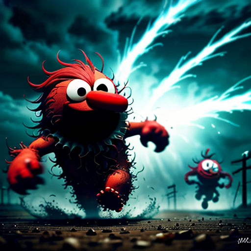a cartoon character running through a field with a sky background and clouds in the background, with a monster like creature in the foreground