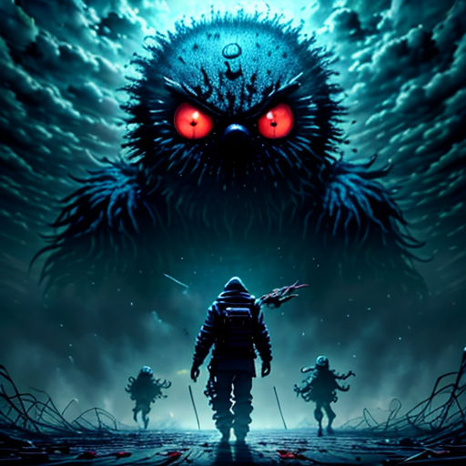 a movie poster with a giant creature in the background and a man standing in front of it with red eyes