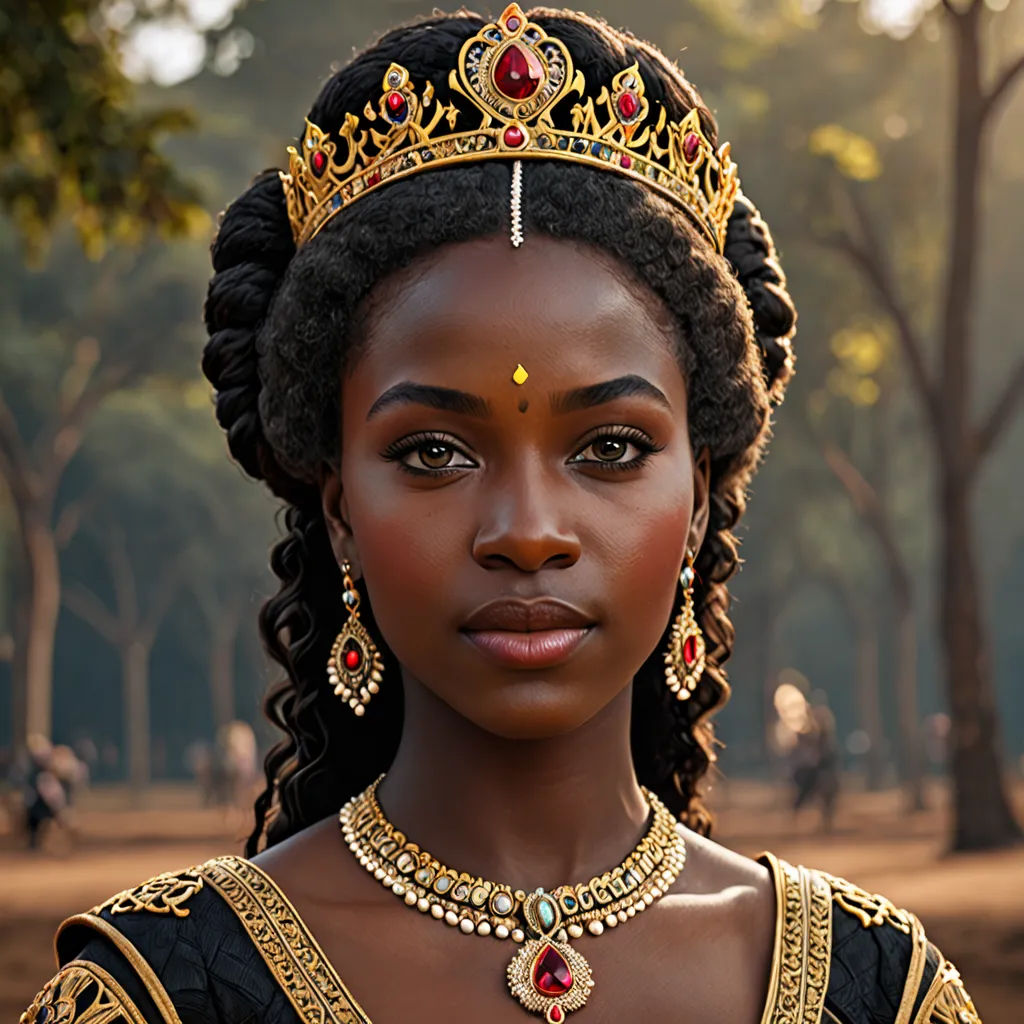 a woman wearing a crown and a necklace with a red stone in her hair and a gold necklace with a red stone in her ear, Chinwe Chukwuogo-Roy, renaissance, a character portrait, promotional image