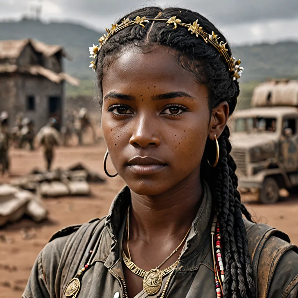 a woman with braids and a necklace on standing in a dirt field with a building in the background, Ella Guru, afrofuturism, a character portrait, promotional image