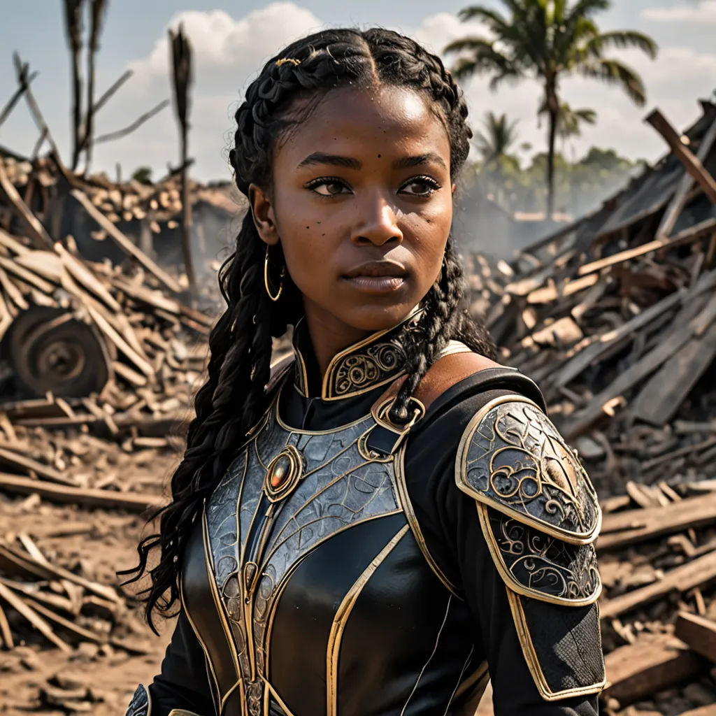 a woman in a black and gold outfit standing in a destroyed area with palm trees in the background and a pile of rubble, Chinwe Chukwuogo-Roy, afrofuturism, a poster, movie still