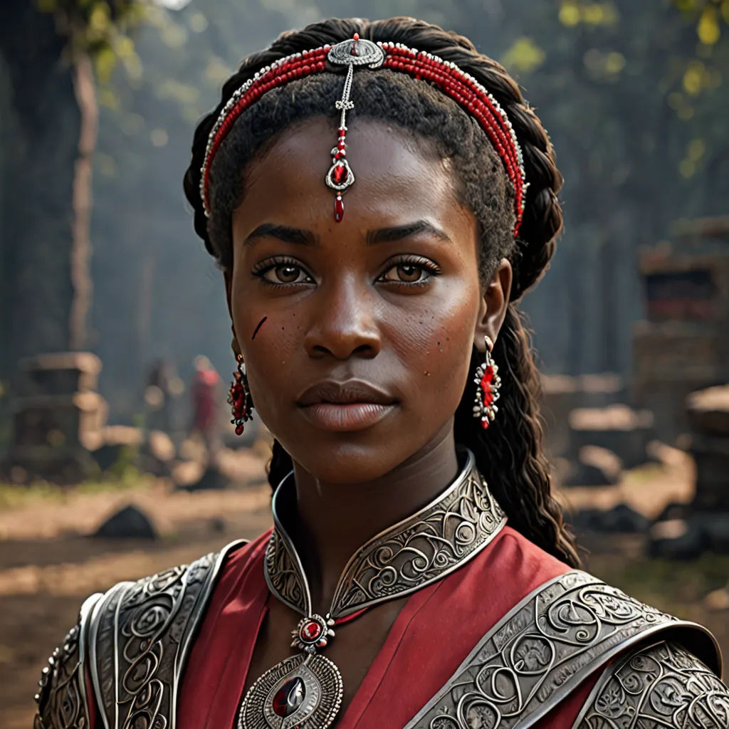 a woman in a red dress with a red head piece and a necklace on her head and a tree in the background, Chinwe Chukwuogo-Roy, afrofuturism, a character portrait, rpg portrait