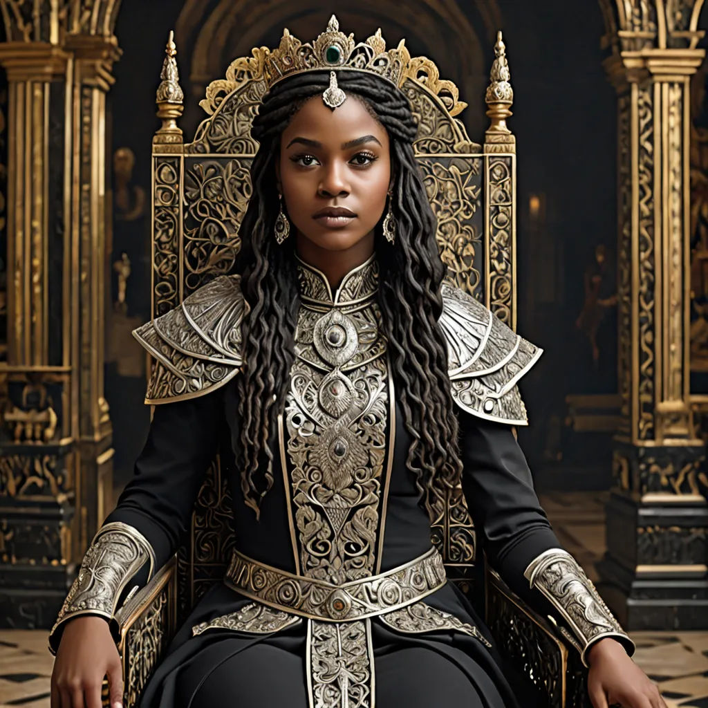 a woman sitting on a golden throne with a black dress and gold jewelry on her head and shoulders, with a black background, Chinwe Chukwuogo-Roy, afrofuturism, a poster, promotional image