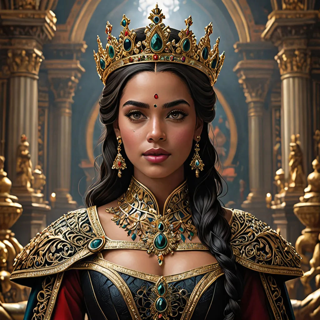 a woman in a crown and dress with a gold crown on her head and a blue background with gold columns, Charlie Bowater, fantasy art, a detailed painting, highly detailed digital painting