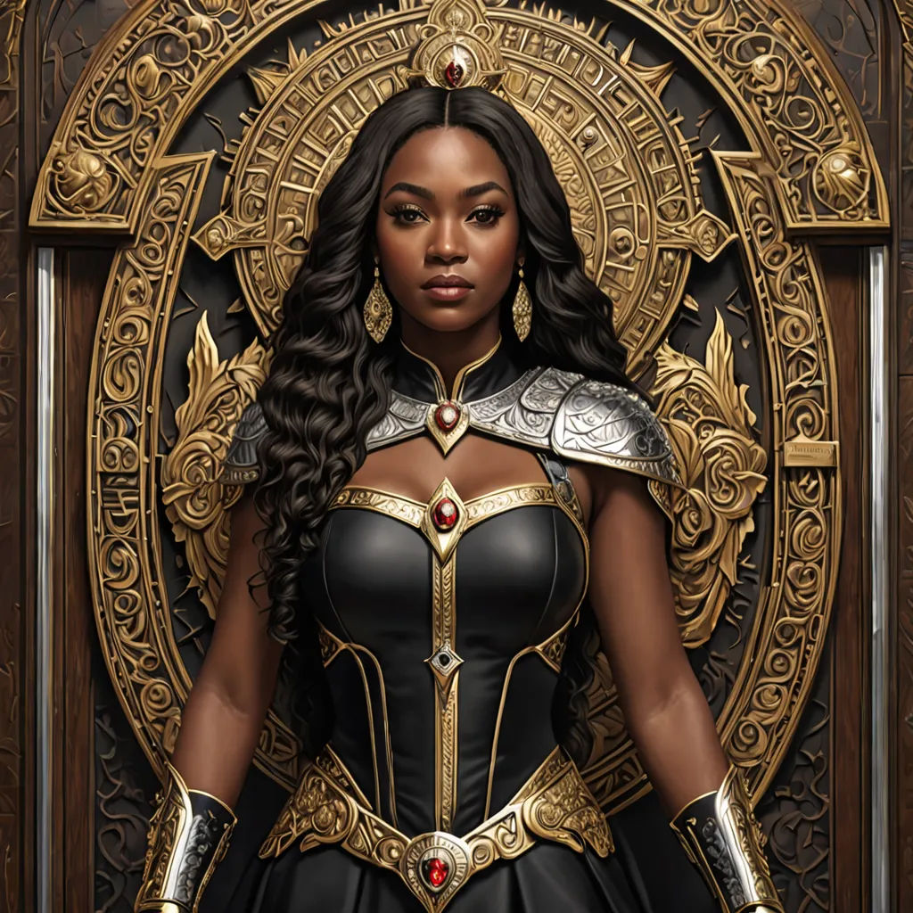 a woman in a black dress standing in front of a golden shield with a red diamond on it and a red diamond on the chest, Chinwe Chukwuogo-Roy, afrofuturism, a painting, epic fantasy character art