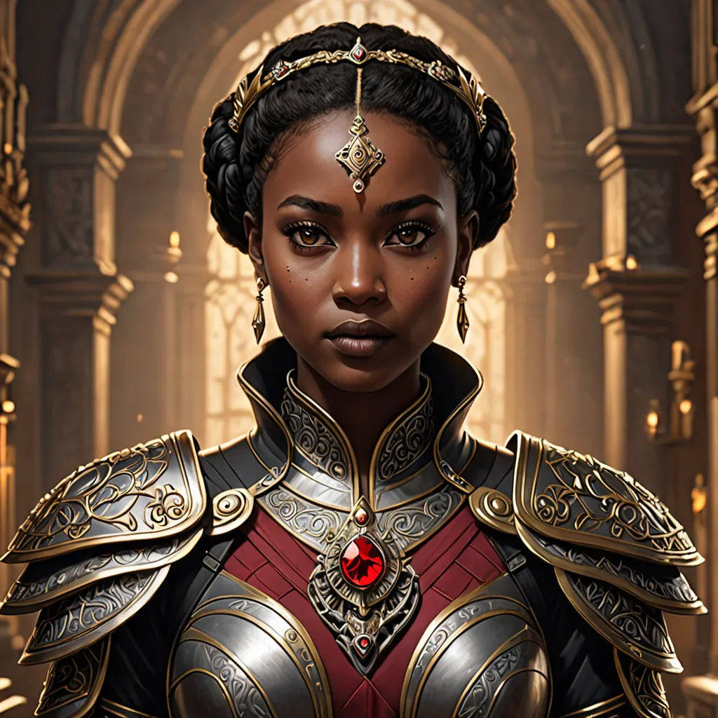 a woman in a black and gold outfit with a red jewel in her hair and a gold crown on her head, Clint Cearley, sots art, a character portrait, magic the gathering artwork