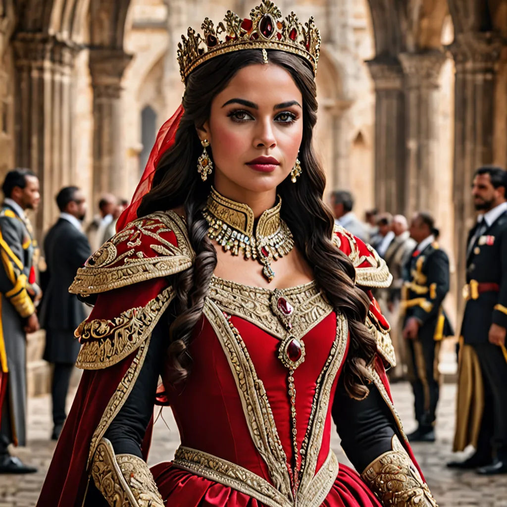 a woman in a red dress and crown standing in a courtyard with other people in the background wearing a red and gold costume, Araceli Gilbert, qajar art, concept art, promotional image