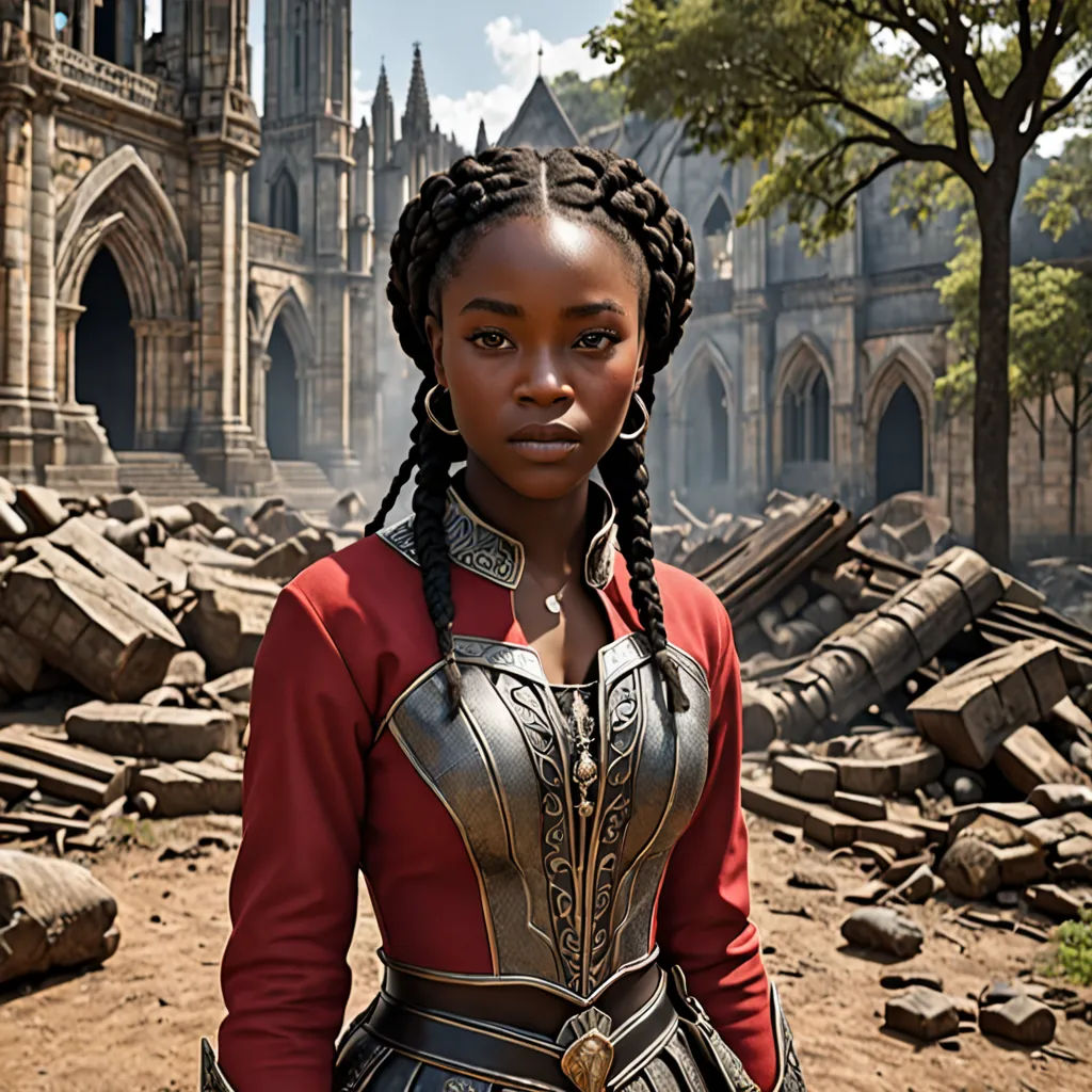 a woman in a red shirt and black pants standing in front of a castle with a clock tower in the background, Ada Gladys Killins, afrofuturism, a character portrait, promotional image