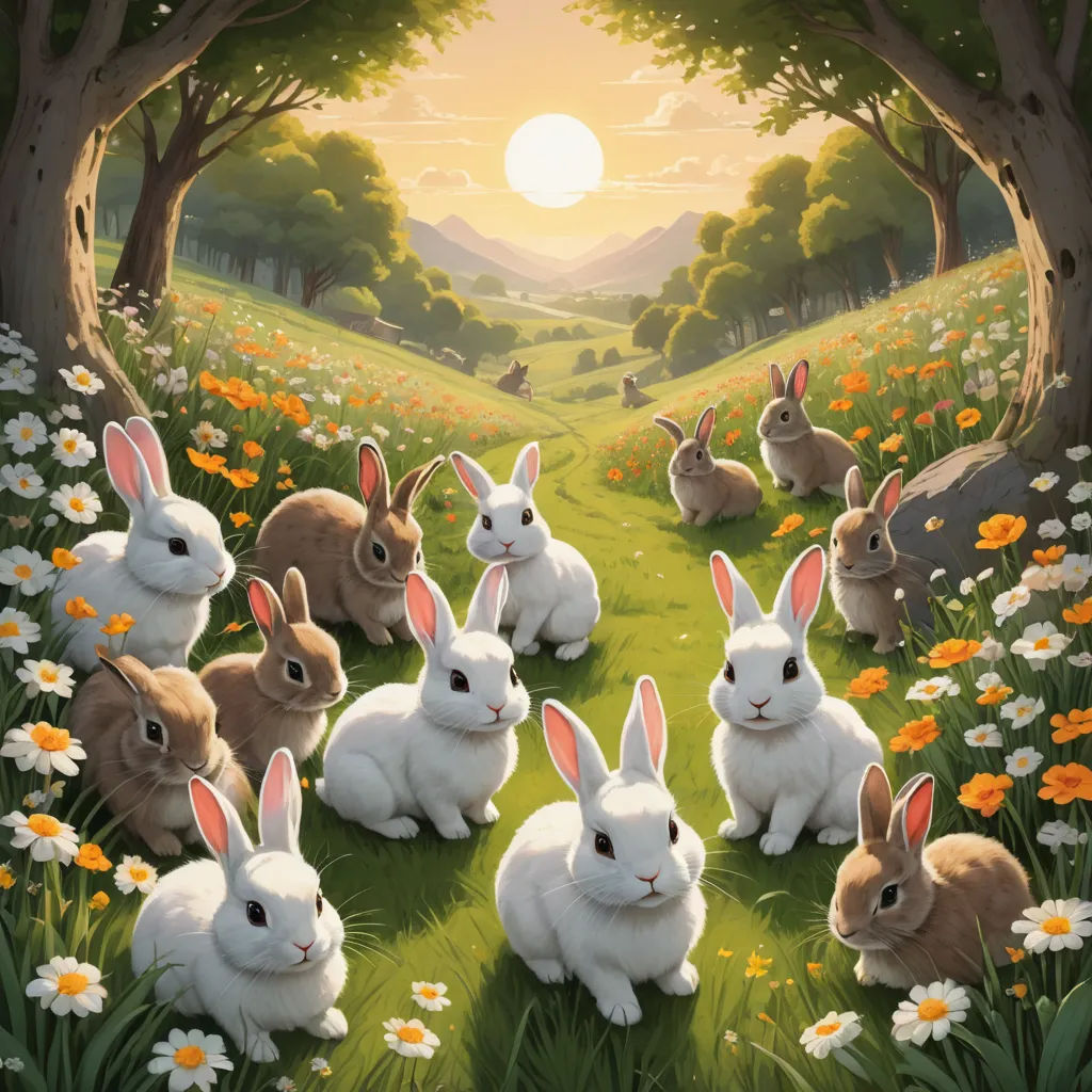 a painting of a group of rabbits in a field of flowers and trees with a sunset in the background, furry art, a storybook illustration, Chris LaBrooy, rossdraws global illumination