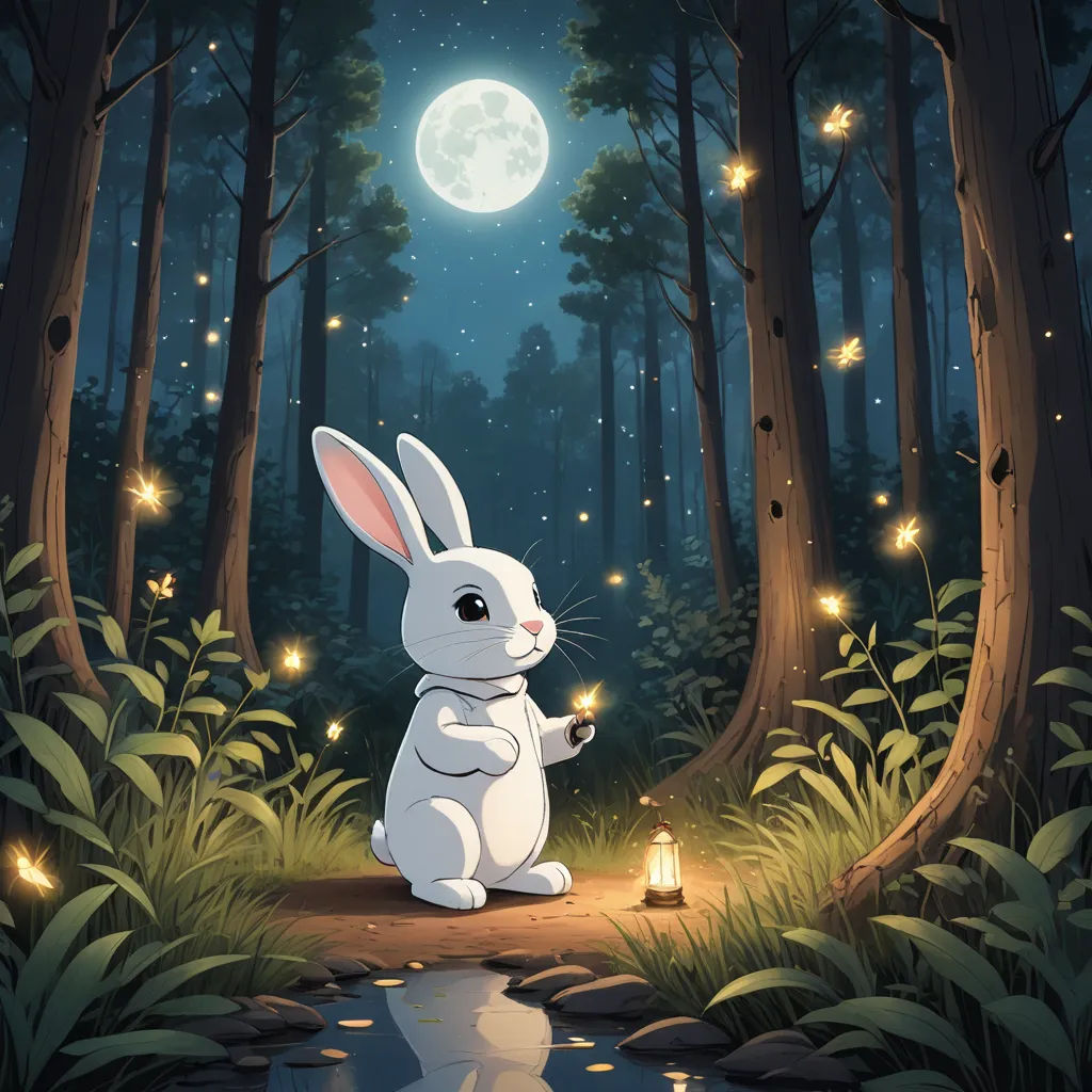 a rabbit sitting in the middle of a forest at night with a lantern in its hand and a full moon in the sky, fantasy art, a storybook illustration, Chiho Aoshima, rossdraws global illumination