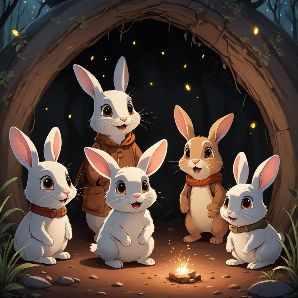 a group of rabbits sitting in front of a fire place with a lantern in the middle of the forest, furry art, a storybook illustration, Beatrix Potter, rossdraws global illumination