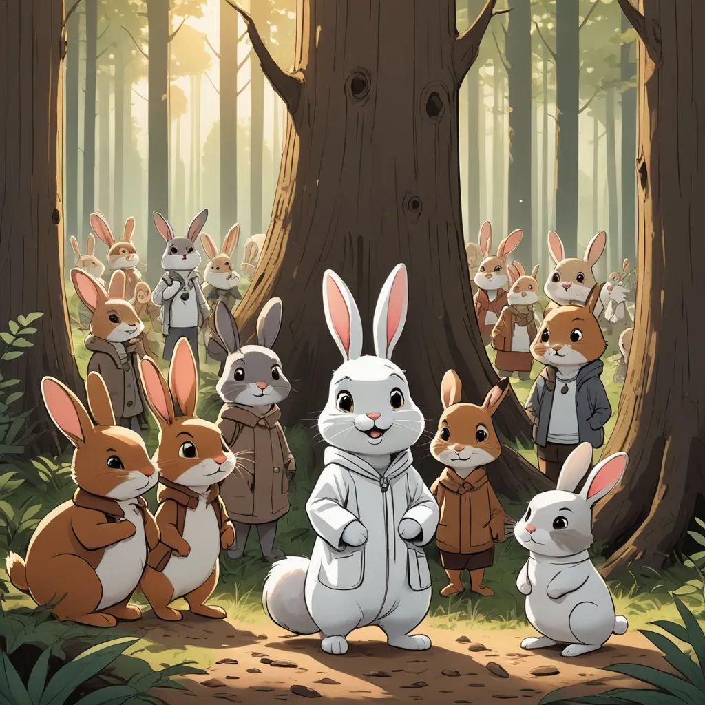 a group of rabbits standing in the woods with a forest background and a group of people in bunny suits, furry art, a storybook illustration, Beatrix Potter, official art