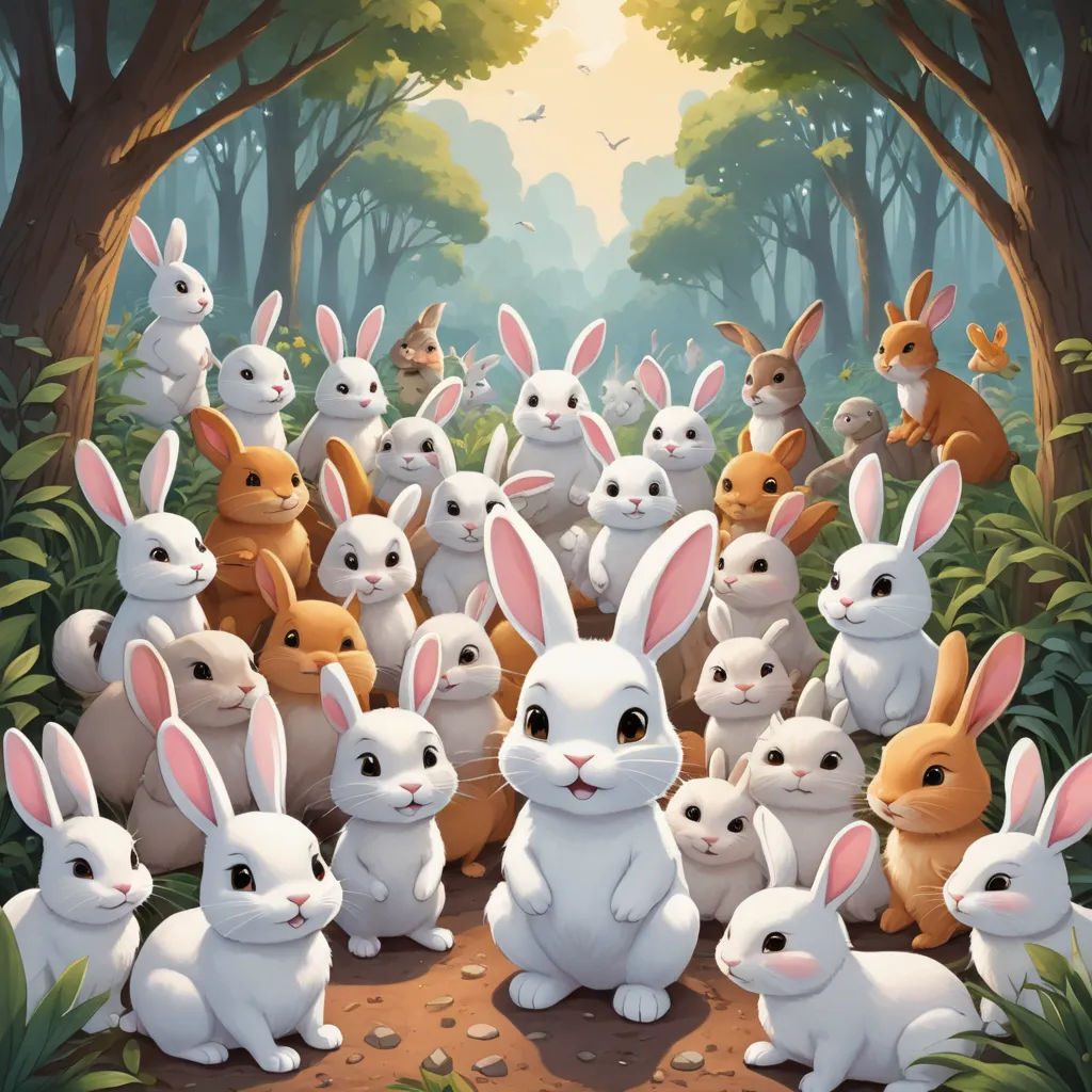 a group of rabbits in a forest with trees and birds in the background, with a sunbeam in the background, furry art, a storybook illustration, Chris LaBrooy, rossdraws global illumination