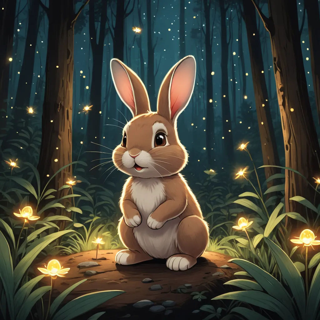 a rabbit sitting in the middle of a forest with fireflies in the sky above it and a forest floor with grass and flowers, fantasy art, a storybook illustration, Dan Mumford, rossdraws global illumination