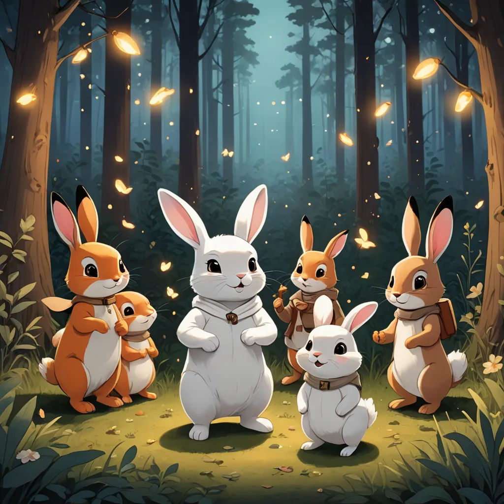a group of rabbits standing in the forest with a lantern in the background and a forest scene with trees and leaves, furry art, a storybook illustration, Diego Gisbert Llorens, rossdraws global illumination