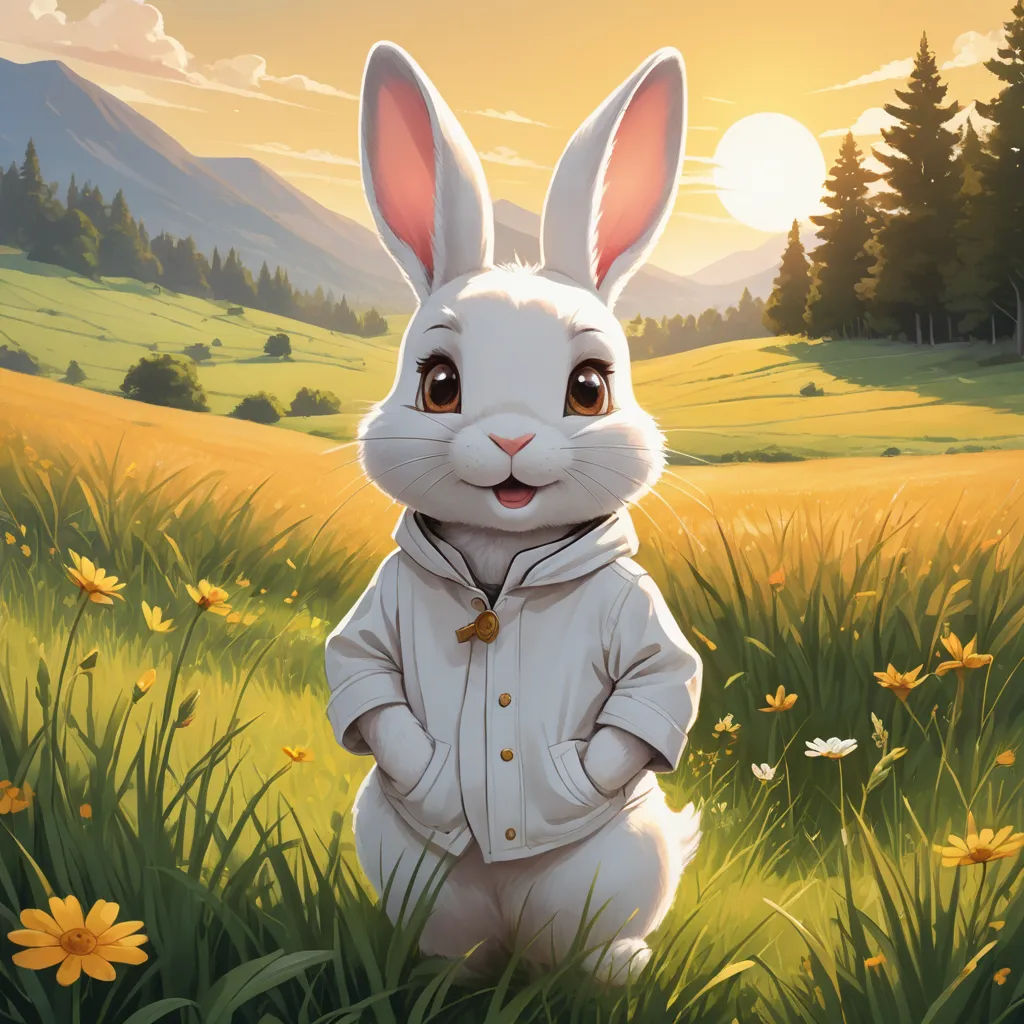 a painting of a rabbit in a field of grass and flowers with a sunset in the background and a mountain range in the distance, furry art, an ultrafine detailed painting, Beatrix Potter, official art