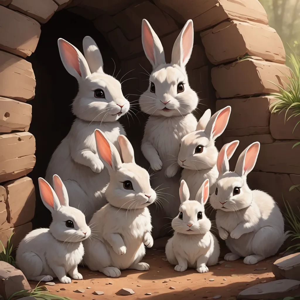a group of rabbits sitting in front of a stone tunnel with grass and rocks surrounding it, all looking at the camera, furry art, a detailed painting, Chris LaBrooy, rossdraws global illumination